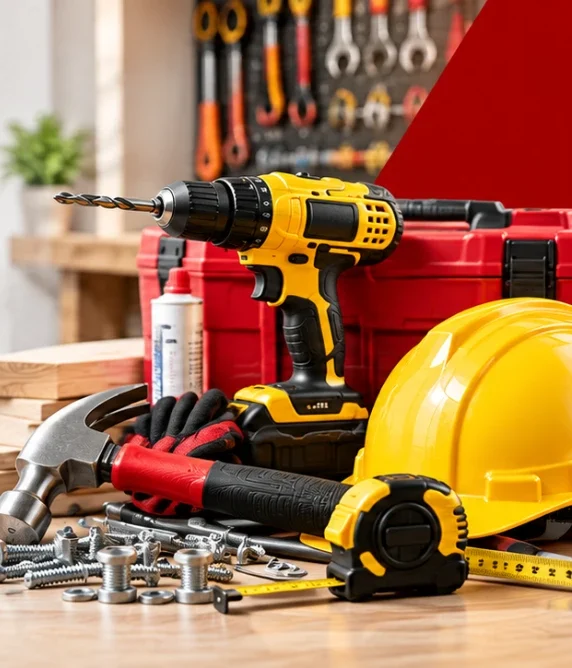 Cordless drill, toolbox, hard hat, hammer, tape measure and fasteners